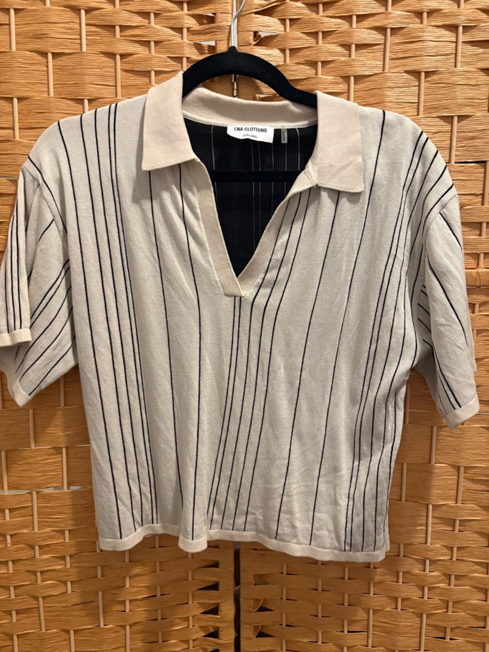 LNA Clothing Cream Short-Sleeve Collared Stripe Knit crop Top